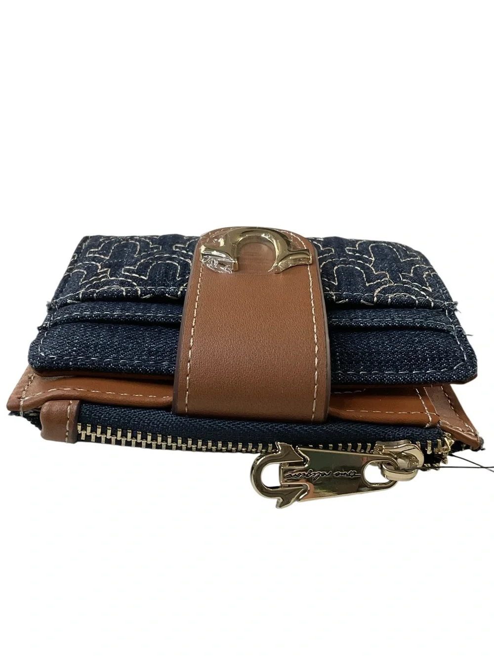 True Religion Navy Denim and Brown Leather Logo Snap Wallet